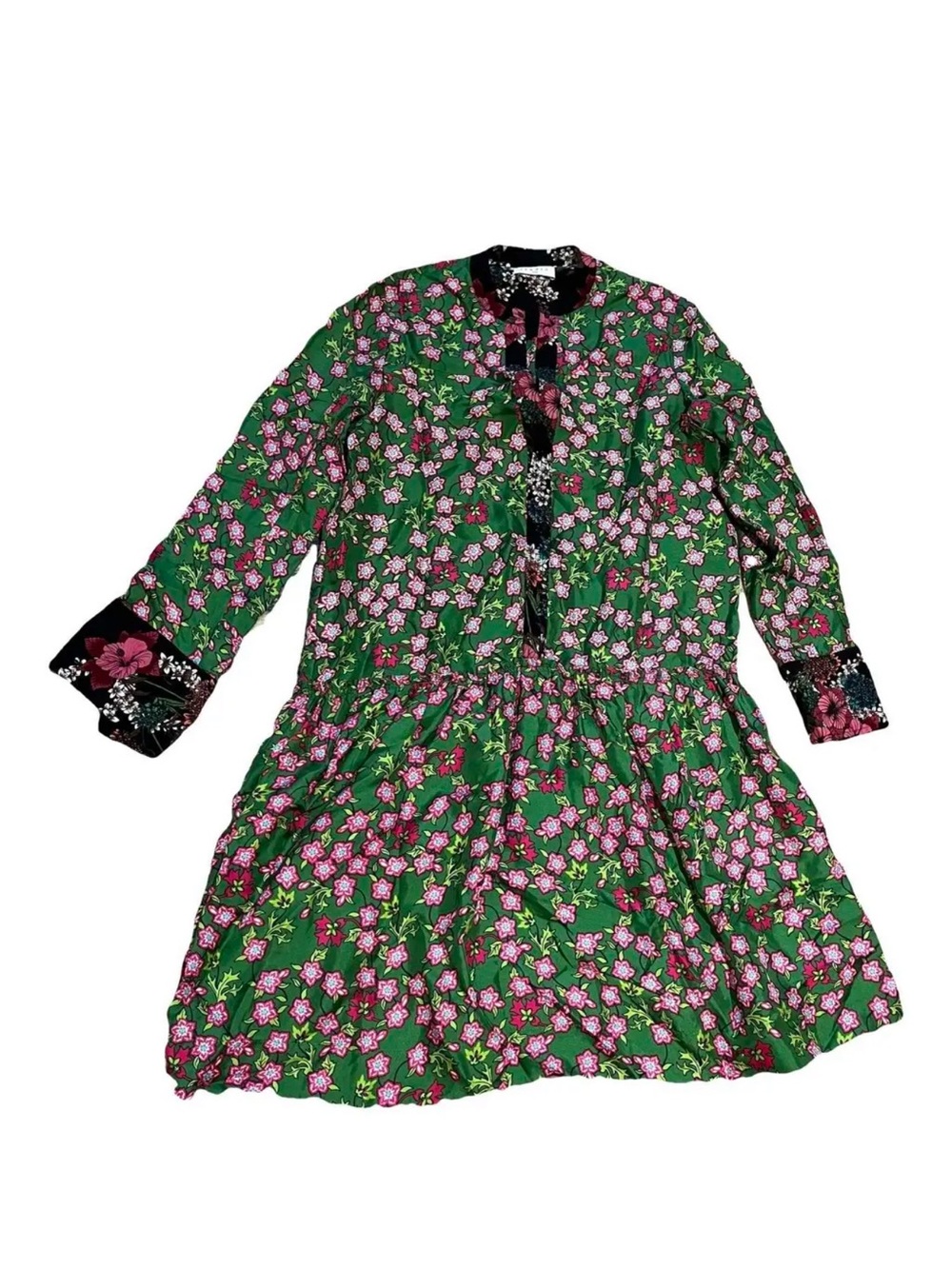 Sandro Green Floral Mini Dress with Black Trim - Picture 2 of 4